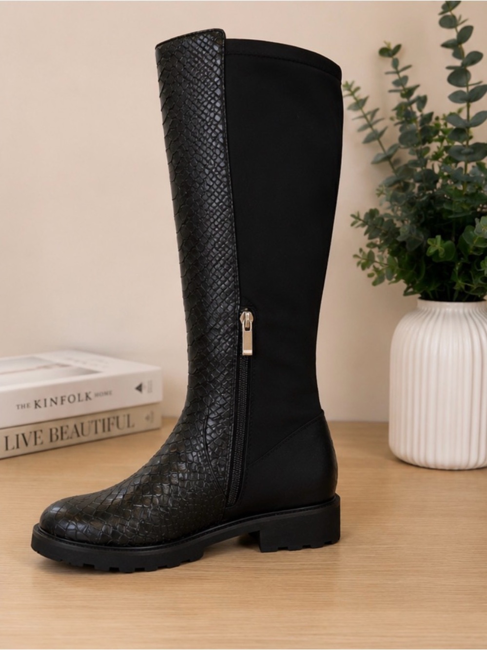 Black Textured Knee-High Women's Boot with Side Zip